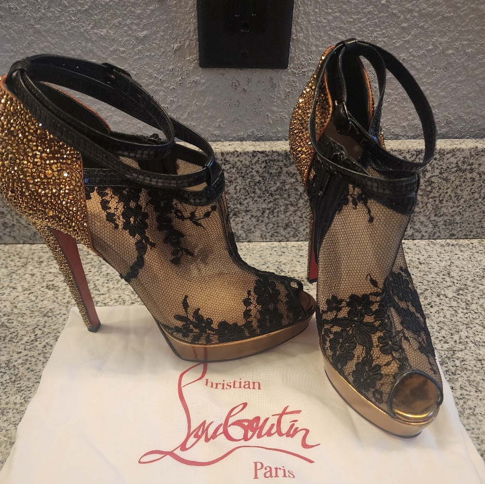 Christian Louboutin Strass Heel Booties Mesh Lace 39